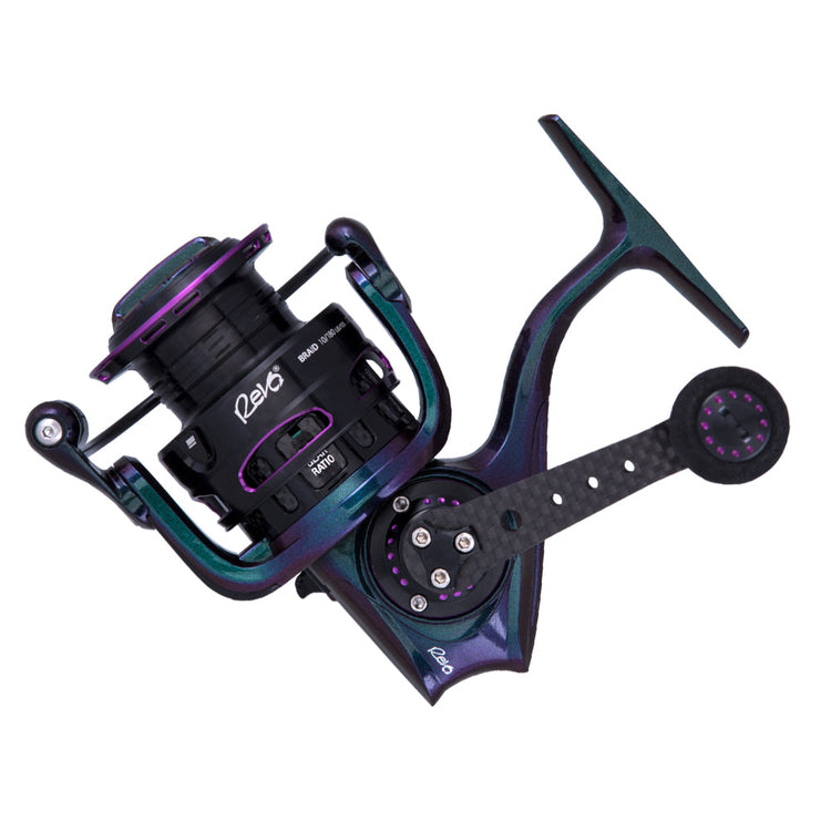 A sleek, iridescent fishing reel with "Revo" branding, featuring a large, textured handle and intricate mechanical details.