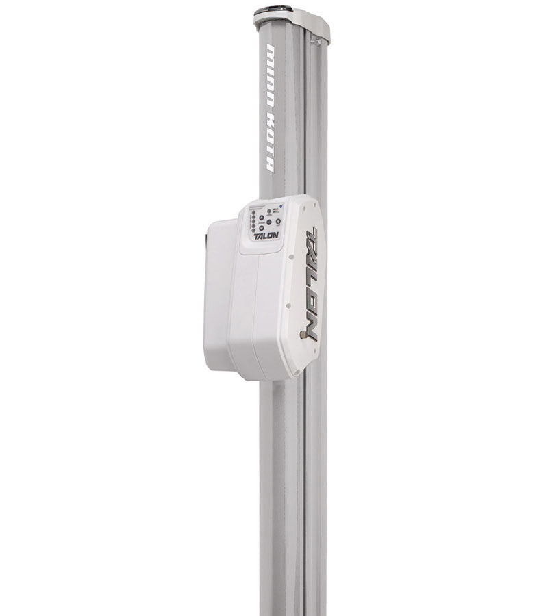 The Minn Kota Talon Shallow Water Anchor w/Bluetooth features a sleek silver and white design, vertical pole, easy-to-use control unit near the top, and wireless Bluetooth connectivity for convenient operation.