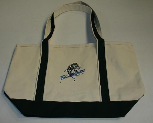 The americanlegacyfishing Fish With Attitude Deluxe Boat Tote Blue is a limited edition beige canvas tote with black handles and trim, featuring an embroidered Fish with Attitude graphic and bold blue text on the front.