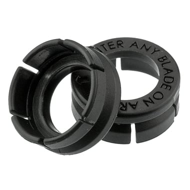 Two Rage Broadhead Shock Collars Extreme Shock Collars by Rage are shown: black plastic adapters with grooves and slots, designed for Rage X-treme broadheads. One stands upright; the other lies flat, displaying engraved text on the rim.