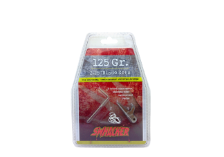 The Swhacker Rep Blades 125Gr 2.25In 6/Pk by Swhacker are metal replacement broadhead blades for archery, including small components, shown against a white background.