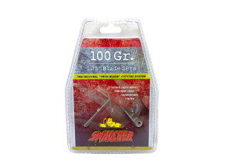 Retail package of Swhacker Rep Blades 100Gr 1.75In 6/Pk by Swhacker, with a red and yellow label and clear plastic front displaying six replacement broadhead blades inside.