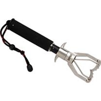 The Rapala Lock N Weigh RPGLW75 is a metal fish holder tool with a stainless steel jaw, black handle, and wrist strap, designed for securely holding fish.
