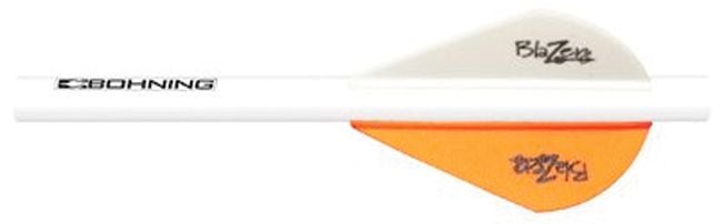 The Bohning Blazer Shrink Fletch Neon Orange/White by americanlegacyfishing features a white arrow shaft with two Blazer Vanes—Neon Orange/White and white—both labeled "Blazer," perfect for fletching needs.