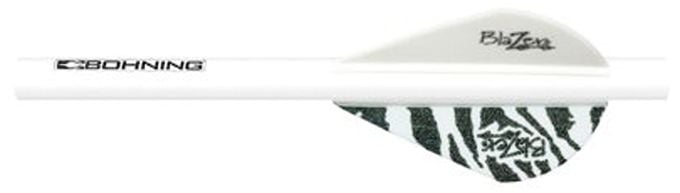 The Bohning Blazer Shrink Fletch White Tiger/White by americanlegacyfishing features a white shaft with black "Bohning" branding and two Blazer Vanes—one solid white and one white with a tiger-stripe pattern—for a distinctive fletching style.