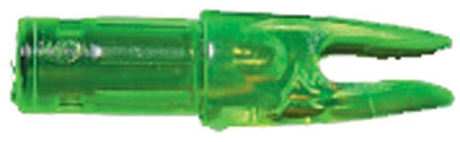 A close-up image of a Carbon Express Nocks Clear Green .244, showing its pronged end designed for secure bowstring attachment and precise arrow flight; available in a 12-pack from Carbon Express.