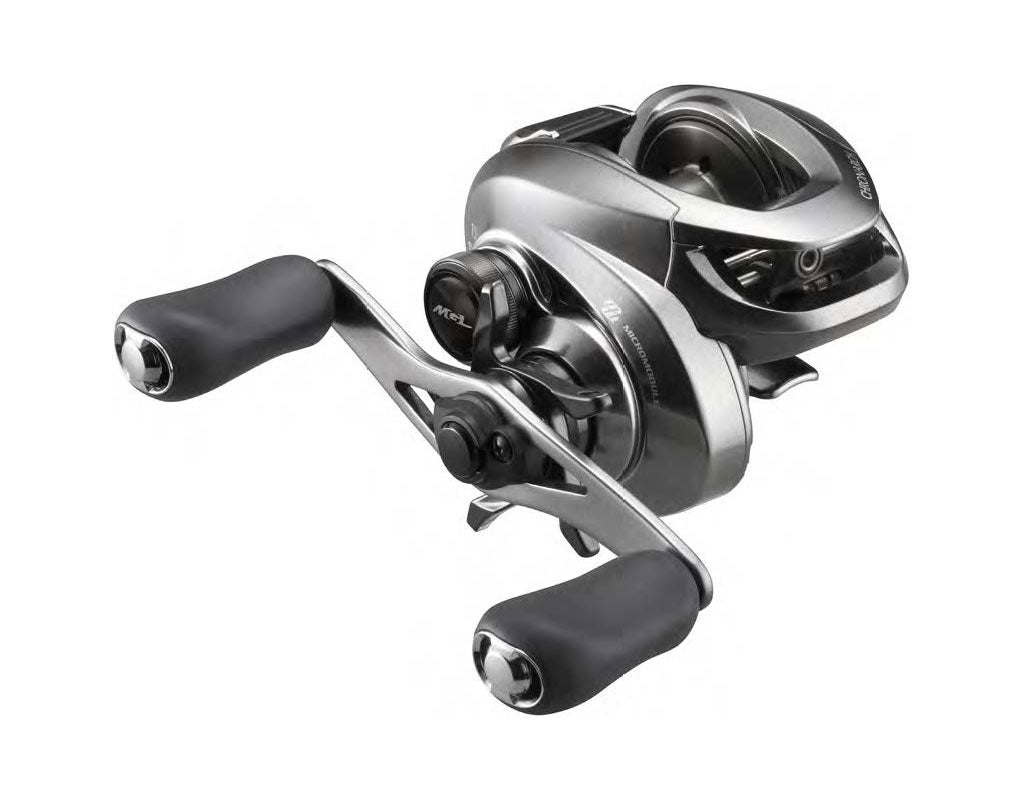 A close-up of the Shimano Chronarch MGL CHMGL151HG 7.1:1 Left Hand Casting Reel featuring ergonomic handles and advanced MicroModule gearing, shown on a white background.