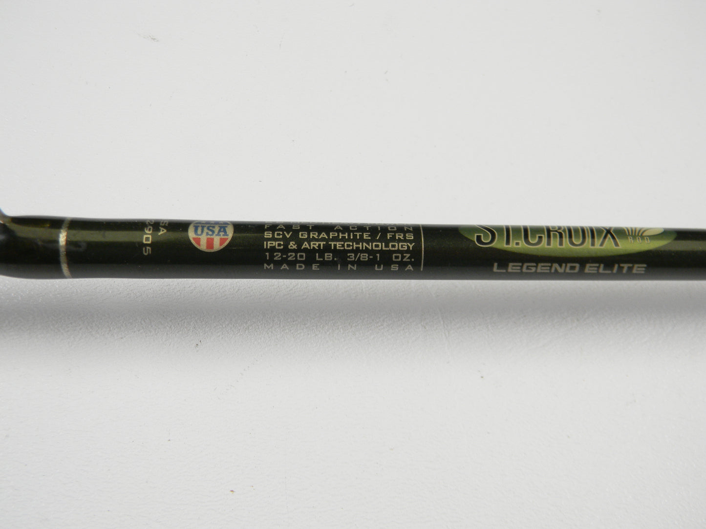 Close-up of a St. Croix Legend Elite EC68MHF 6'8" Medium Heavy Used Casting Rod in very good condition, featuring its model details and "Made in USA" label—ideal for anglers interested in our Rod and Reel Trade-In Program.