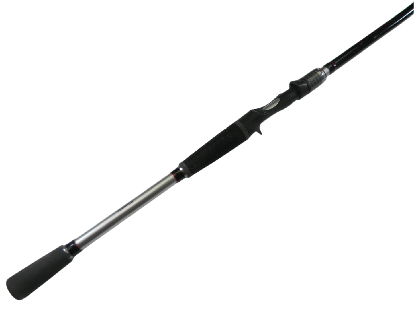 The Shimano Intenza NTZC76MHG 7'6" Medium Heavy Glass casting rod, part of the Rod and Reel Trade-In Program, lies diagonally against a white background. It has a black handle with silver accents and features a reel seat and foam grip for comfort. This used rod is in excellent condition.