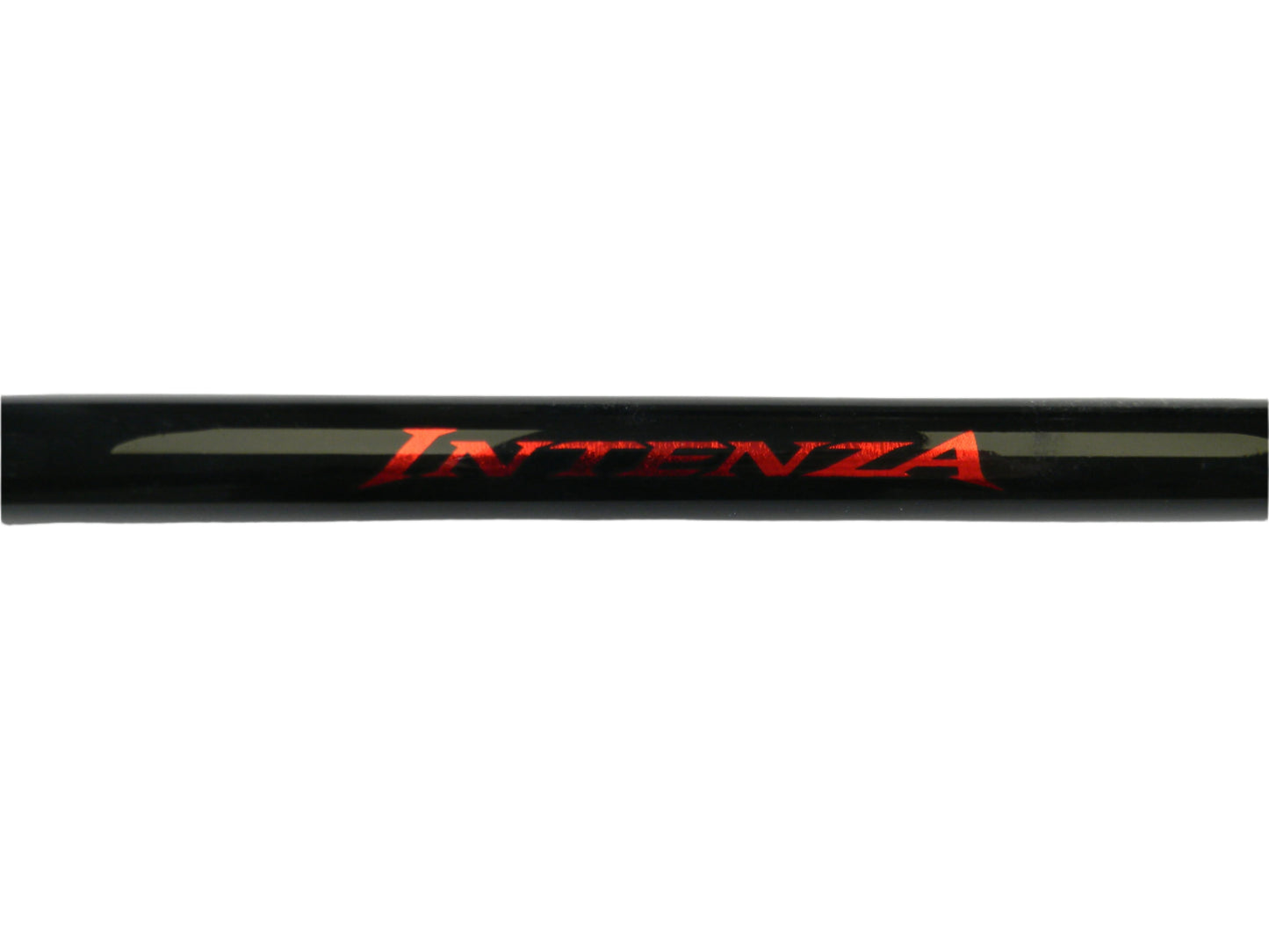 Close-up of a black Shimano Intenza casting rod, featuring the word "INTENZA" in bold, red letters against a white background, reminiscent of premium used gear.