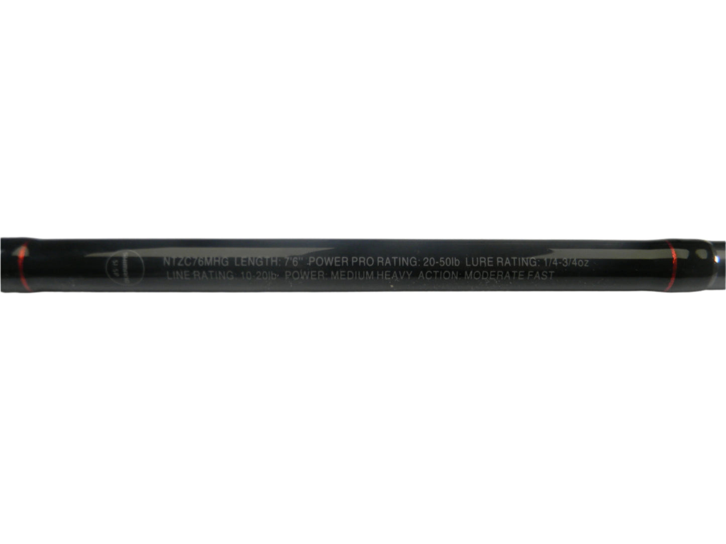 A close-up of the Shimano Intenza NTZC76MHG 7'6" Medium Heavy Glass Casting Rod, in excellent condition, highlights specs like power pro rating and action. The sleek black design with red accents is ideal for upgrading gear through the Rod and Reel Trade-In Program.