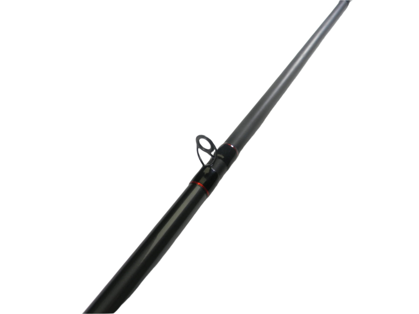 A Shimano Intenza NTZC76MHG 7'6" Medium Heavy Glass Casting Rod from our Rod and Reel Trade-In Program rests on a white surface. This black rod with red accents is in excellent used condition and may qualify you for store credit.