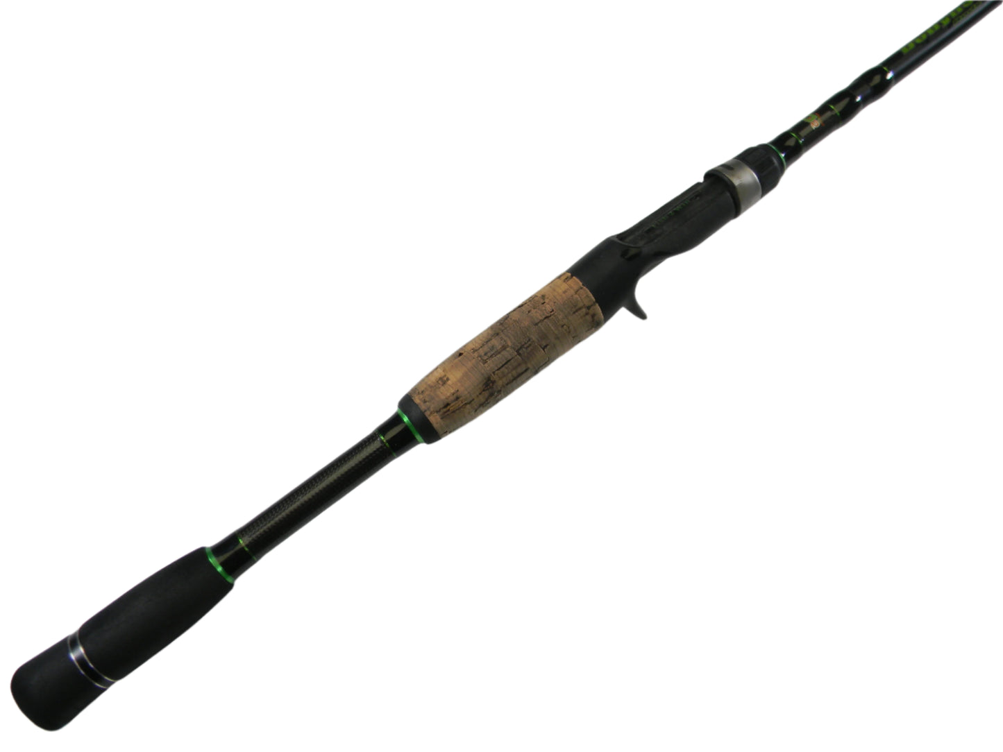 The Dobyns Fury FR733C 7'3" Medium Heavy casting rod, in good condition with a sleek black and brown design and cork handle, is perfect for your next adventure. Set against a white background, it's ideal for the Rod and Reel Trade-In program where you can use store credit for gently used gear.