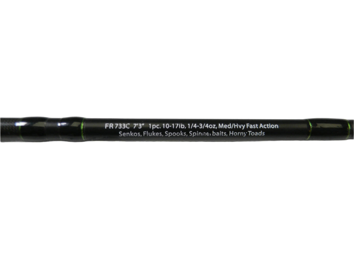 Close-up of a Dobyns Fury FR733C casting rod in black with white text: "7'3", 1pc, 10-17lb, 1/4-3/4oz, Med/Hvy Fast Action." Ideal for Senkos. Check our used gear options or try the Rod and Reel Trade-In program for extra store credit.