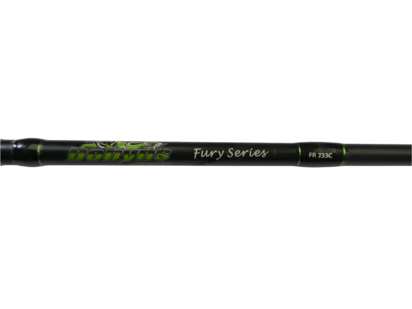 Check out the Dobyns Fury FR733C 7'3" Medium Heavy Casting Rod in good condition. It's black with green accents and branding text. Upgrade effortlessly with our Rod and Reel Trade-In program.