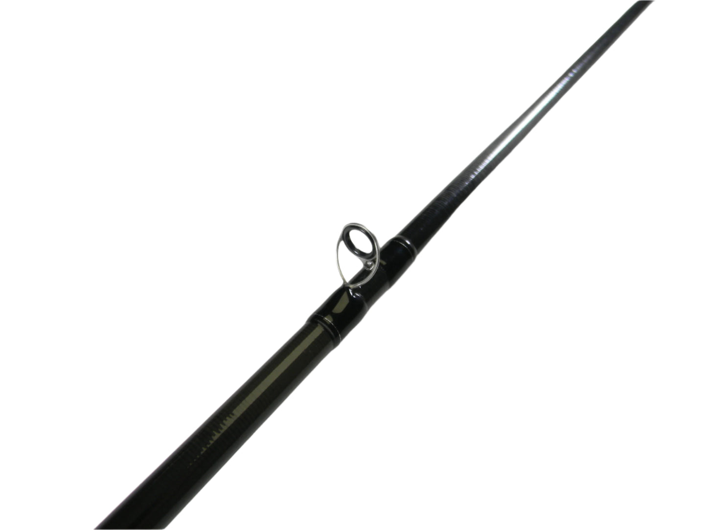 Close-up of the top section of an Evergreen Combat Stick RCTC-71M Jerkbait & Finesse Crankbait 7'1" Medium rod with a metal guide, set against a plain white background. The sleek rod extends diagonally, showcasing its value for participants in our Rod and Reel Trade-In Program.