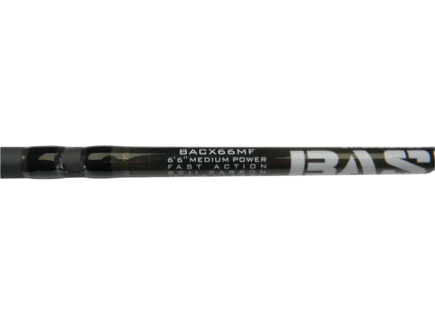 A close-up of a St. Croix Bass X BACX66MF 6'6" Medium Casting Rod in excellent condition showcases the "SCII Carbon" design on a black rod with white text, perfect for our Rod and Reel Trade-In Program to upgrade your used gear into store credit.