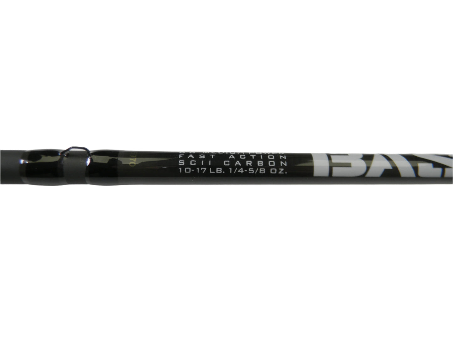 Close-up of a St. Croix Bass X BACX66MF 6'6" Medium Casting Rod with "FAST ACTION SCII CARBON 10-17 LB. 1/4-5/8 OZ." text on the glossy black finish. This used rod in excellent condition is ideal for those trading in quality gear through our Rod and Reel Trade-In Program for store credit.