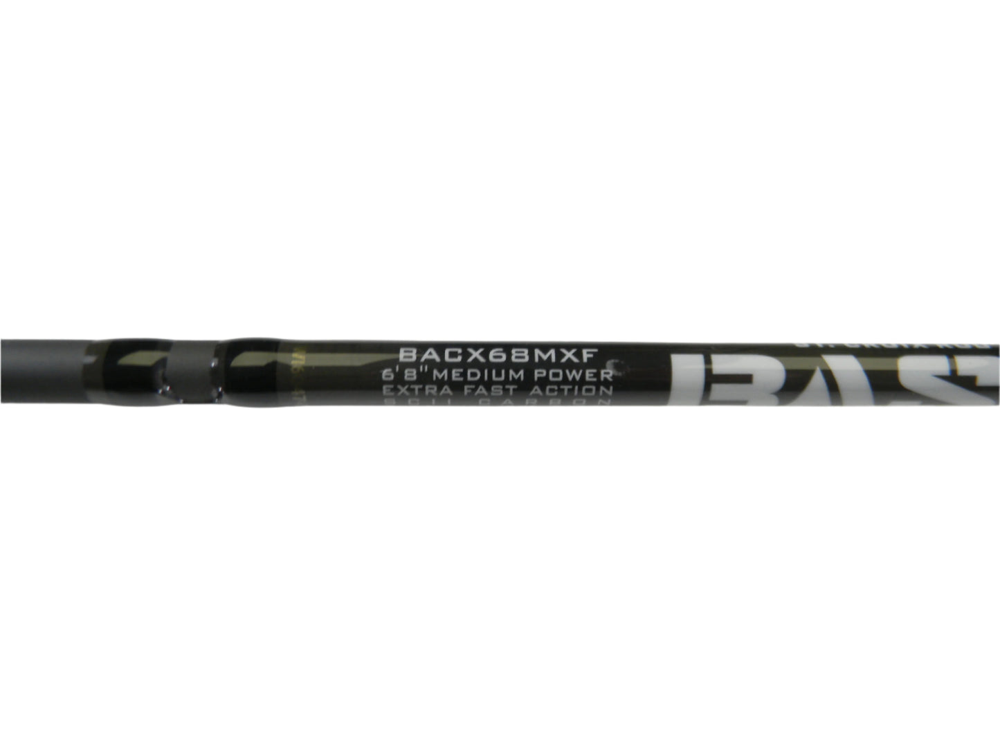 A close-up of the St. Croix Bass X BACX68MXF 6'8" Medium rod showcases "Medium Power Extra Fast Action" in white on its sleek black design. Ideal for enhancing your collection or using in our Rod and Reel Trade-In program to earn store credit.