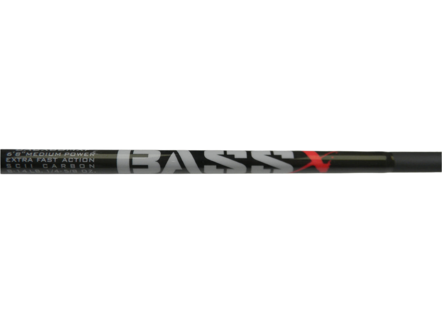 A close-up of a St. Croix Bass X BACX68MXF Casting Rod in excellent condition, featuring "6'8" Medium Power," "Extra Fast Action," and "SCII Carbon." Ideal for your next fishing trip or to enhance your store credit at our Rod and Reel Trade-In event, set against a plain white backdrop.