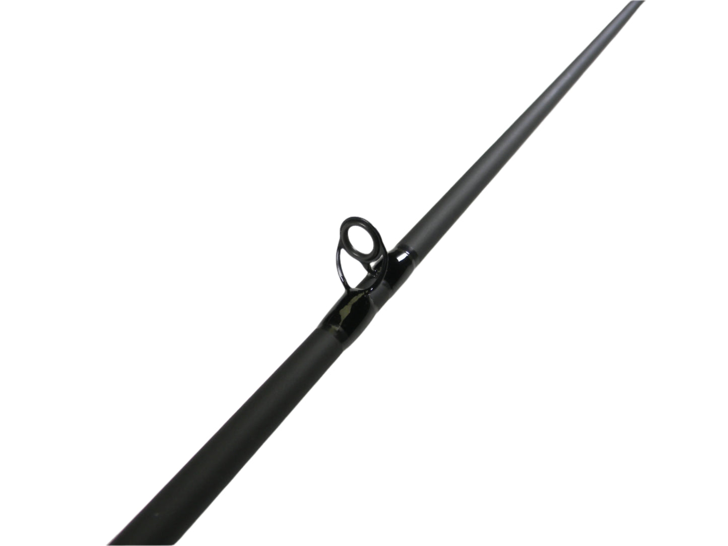 Close-up of a fishing rod guide from the St. Croix Bass X BACX68MXF 6'8" Medium - Used Casting Rod, in excellent condition. The black guide, shown on a white surface, helps hold the line and is ideal for evaluating gear for our Rod and Reel Trade-In program for store credit.