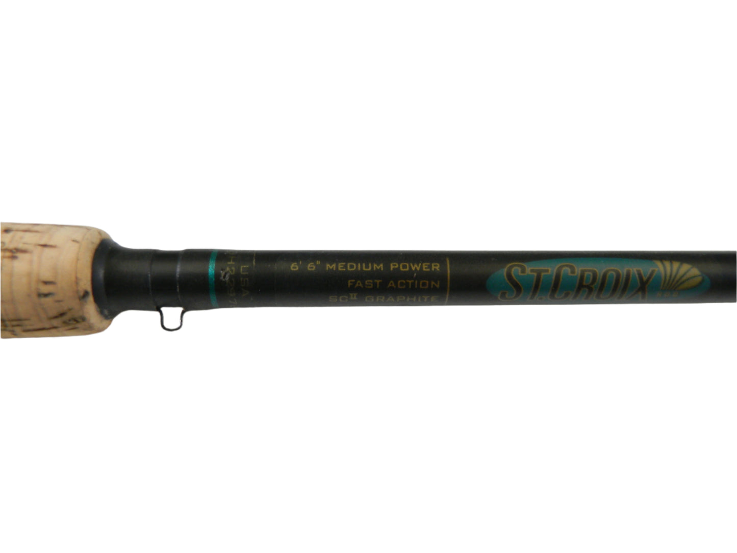 Close-up of a St. Croix Premier PC66MF rod handle with cork grip, featuring "St. Croix" and "6'6'' Medium Power, Fast Action, SCII Graphite" labels on the shaft. Trade in your used gear for store credit to upgrade your fishing experience.