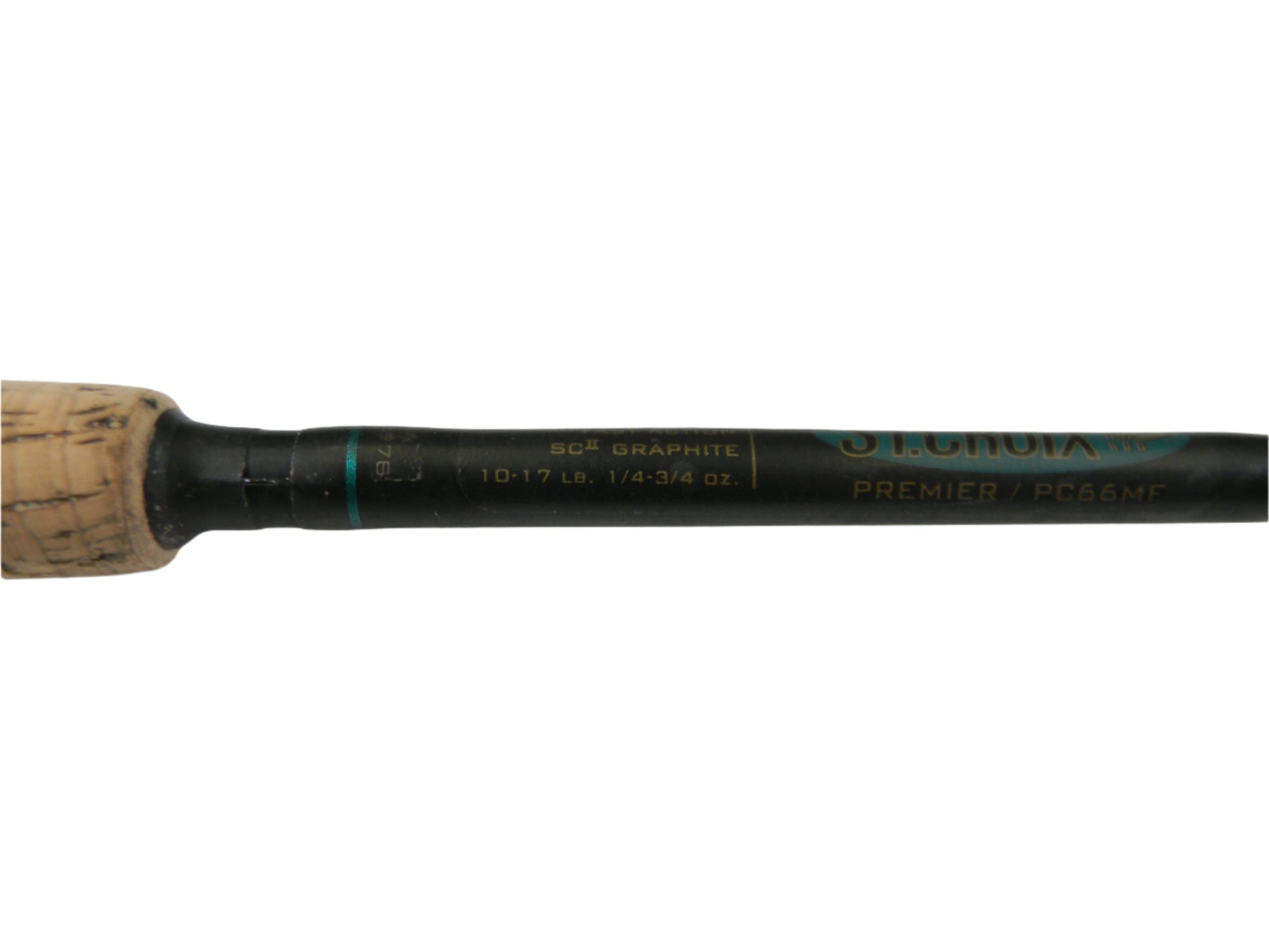 Close-up of a St. Croix Premier PC66MF 6'6" Medium Casting Rod with a cork handle, inscriptions like "SCII GRAPHITE," and the partially visible "ST. CROIX" logo against a white background. Ideal for upgrading through the Rod and Reel Trade-In program, adding allure to your gear collection.