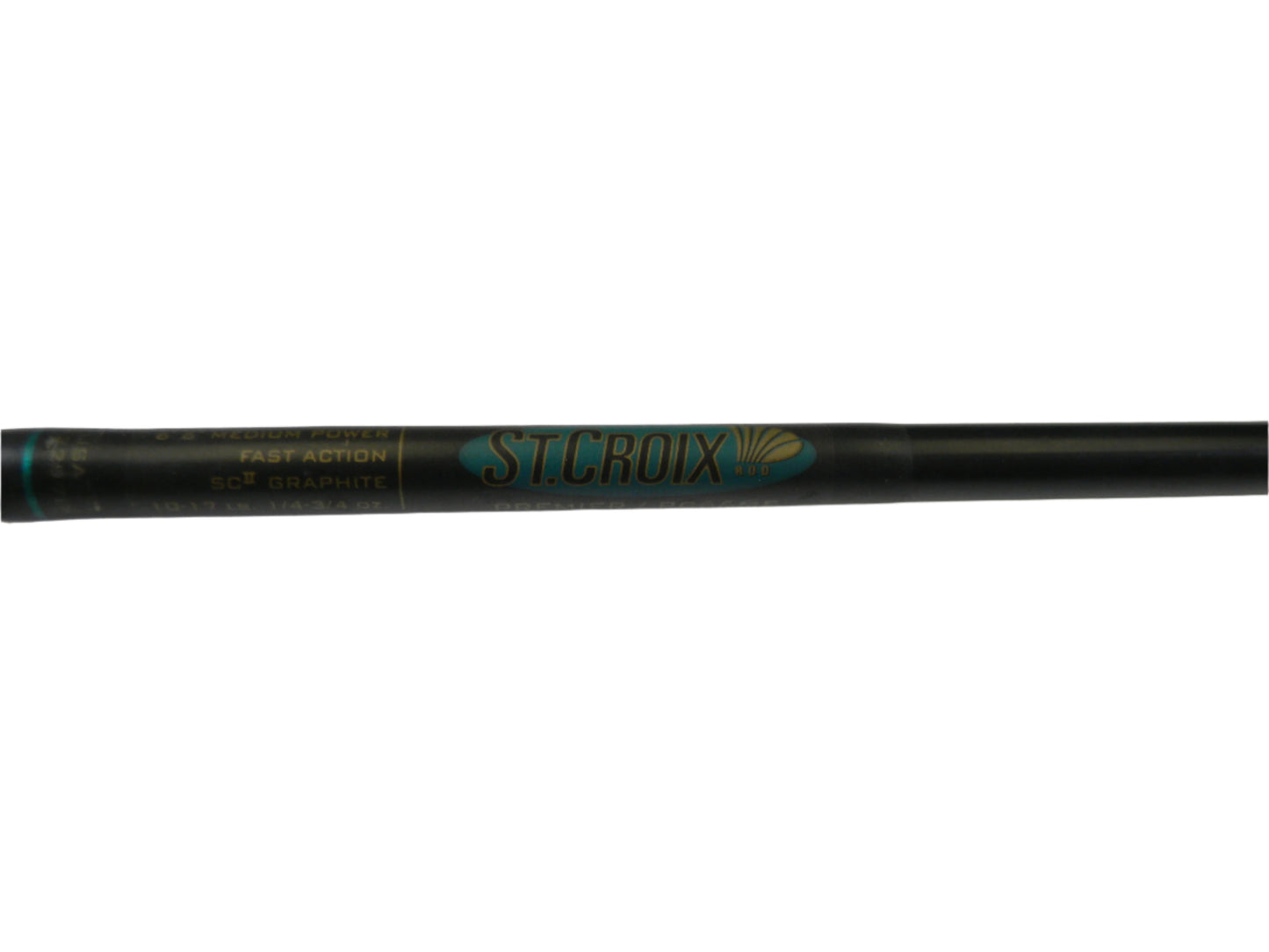Close-up of a St. Croix Premier PC66MF 6'6" Medium casting rod handle showing the brand logo with black handle, blue and gold "St. Croix," "Fast Action," and "SCII Graphite" details, ideal for those trading in used gear for store credit.