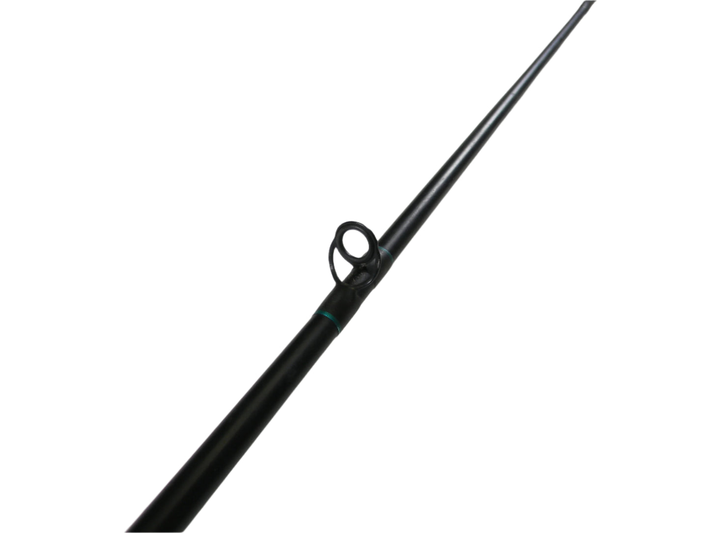 Close-up of a St. Croix Premier PC66MF 6'6" Medium black casting rod, angled diagonally with a guide ring near the center on a white background. Ideal for upgrading via our Rod and Reel Trade-In program or earning store credit with used gear.