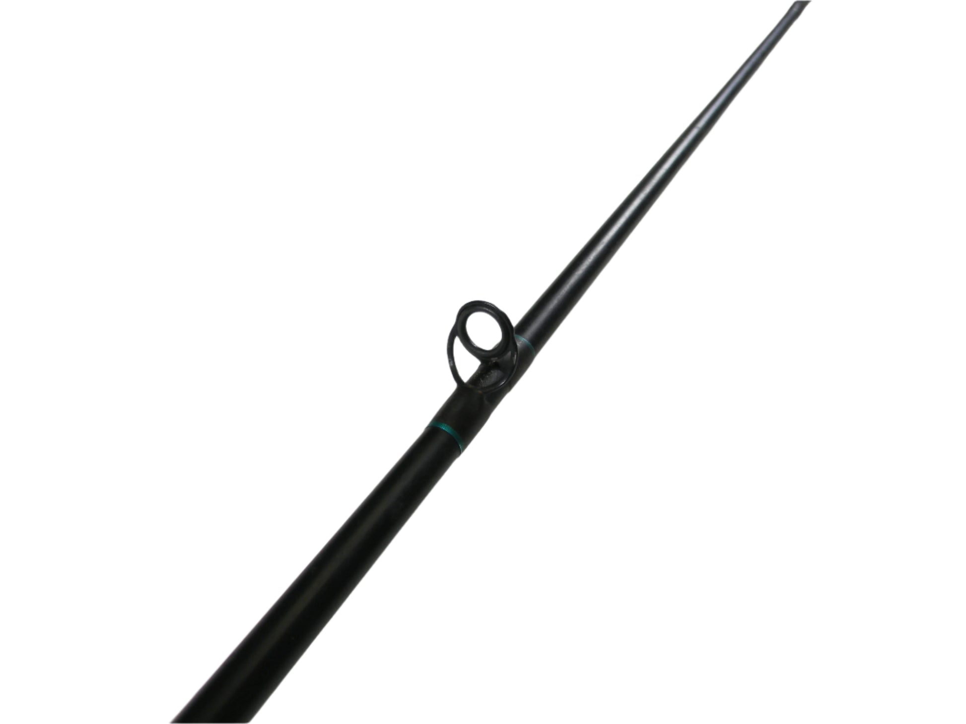 Close-up of a St. Croix Premier PC66MF 6'6" Medium black casting rod, angled diagonally with a guide ring near the center on a white background. Ideal for upgrading via our Rod and Reel Trade-In program or earning store credit with used gear.