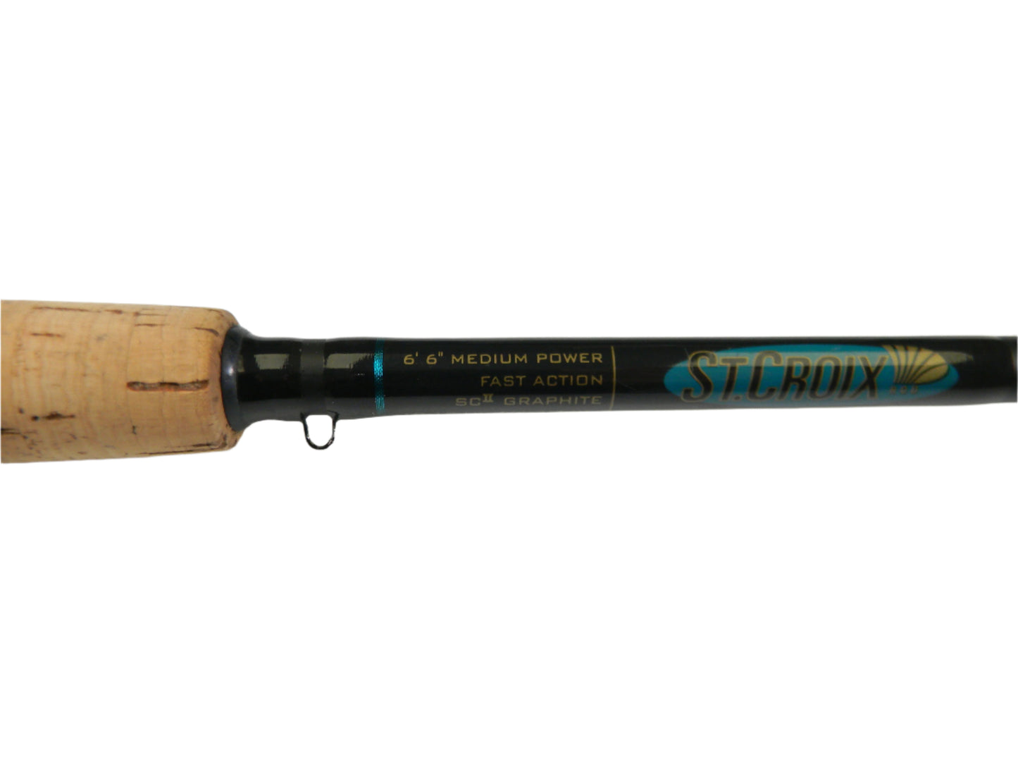 Close-up of a St. Croix Premier PC66MF 6'6" Medium Used Casting Rod in excellent condition, featuring a cork handle and SCII Graphite. It's perfect for the Rod and Reel Trade-In Program, offering blue and gold labeling and maximizing store credit for your used gear collection.