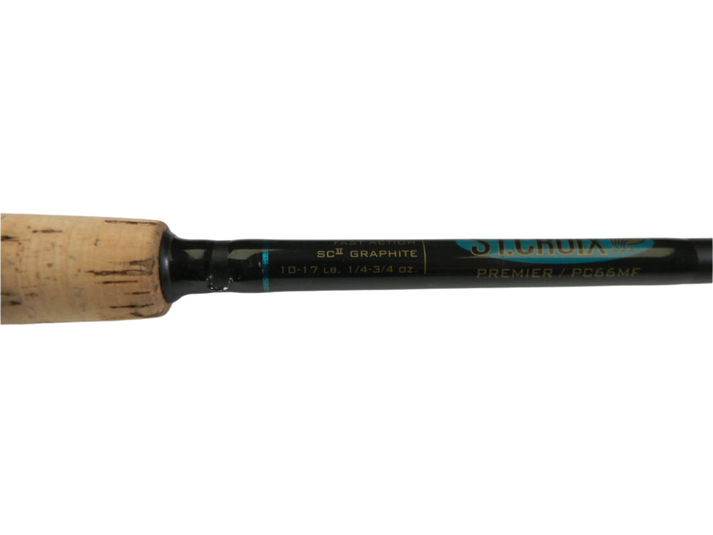 Close-up of a St. Croix Premier PC66MF 6'6" Medium Used Casting Rod with a cork handle, black with "SCII Graphite" and "Premier / PC66MF" in blue. Part of our Rod and Reel Trade-In Program, it's ideal for anglers looking for quality gear with store credit options.