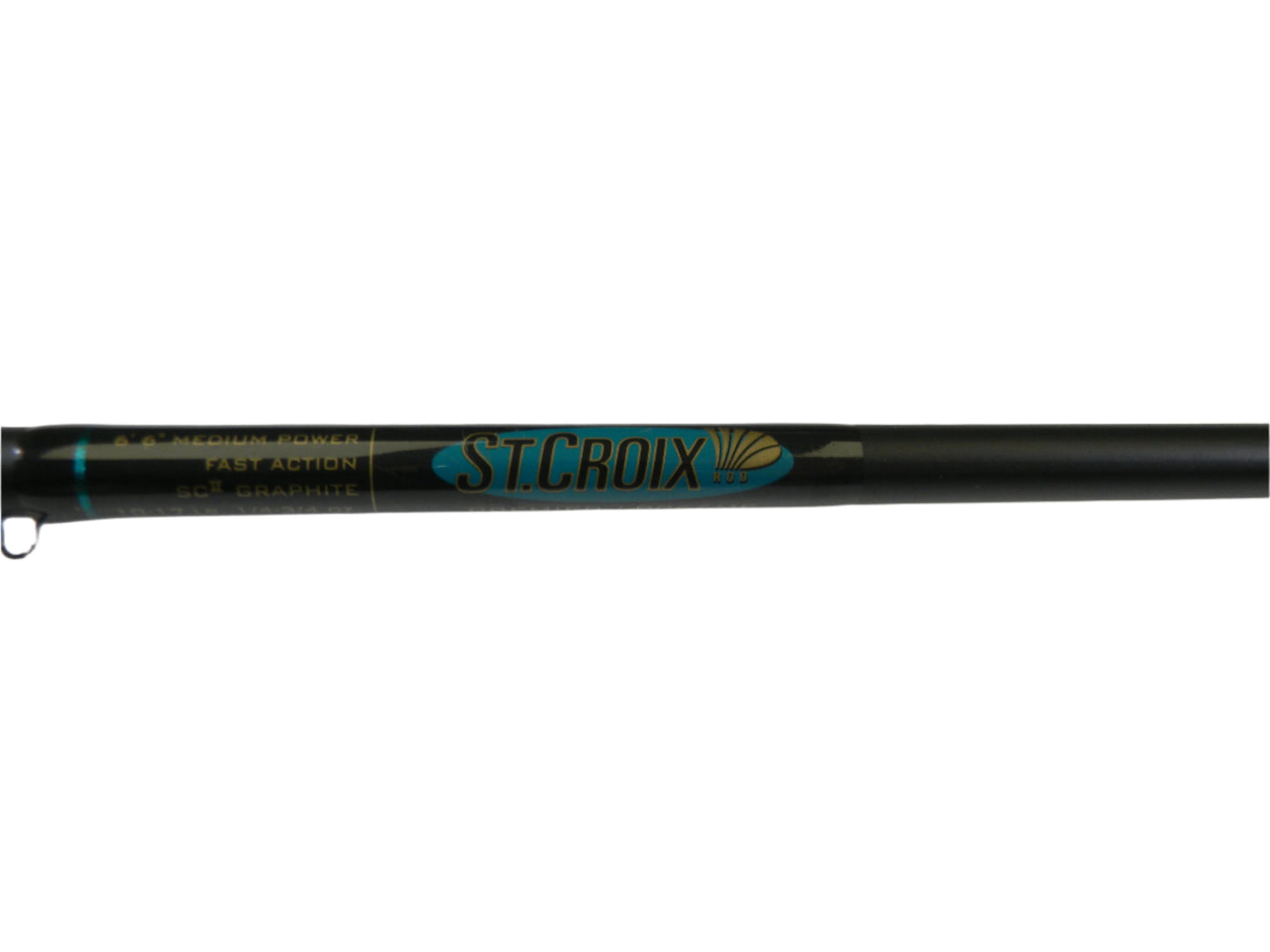 Close-up of a St. Croix Premier PC66MF 6'6" Medium casting rod from the Rod and Reel Trade-In Program, featuring the blue and gold logo on black. Gold text reads "Medium Power, Fast Action, SC II Graphite," with a plain white background.