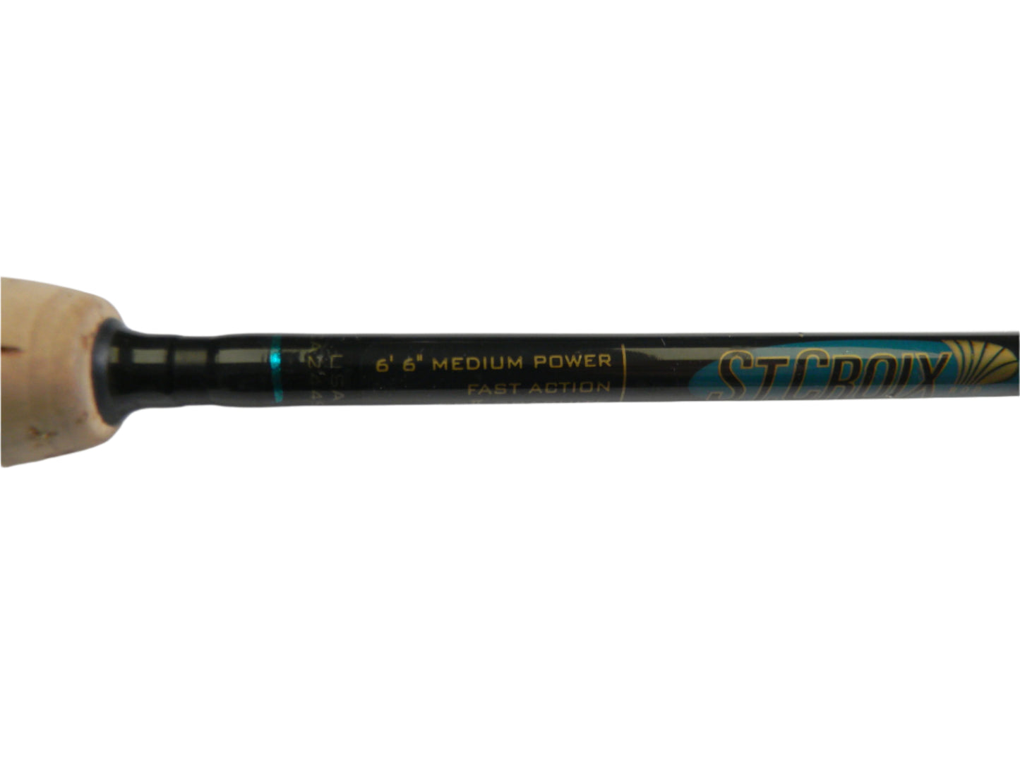 Close-up of the St. Croix Premier PS66MF2 6'6" Medium 2 Piece spinning rod, featuring a black shaft with gold text and wooden grip. This used rod is in good condition and part of our Rod and Reel Trade-In Program, perfect for earning store credit on used gear.