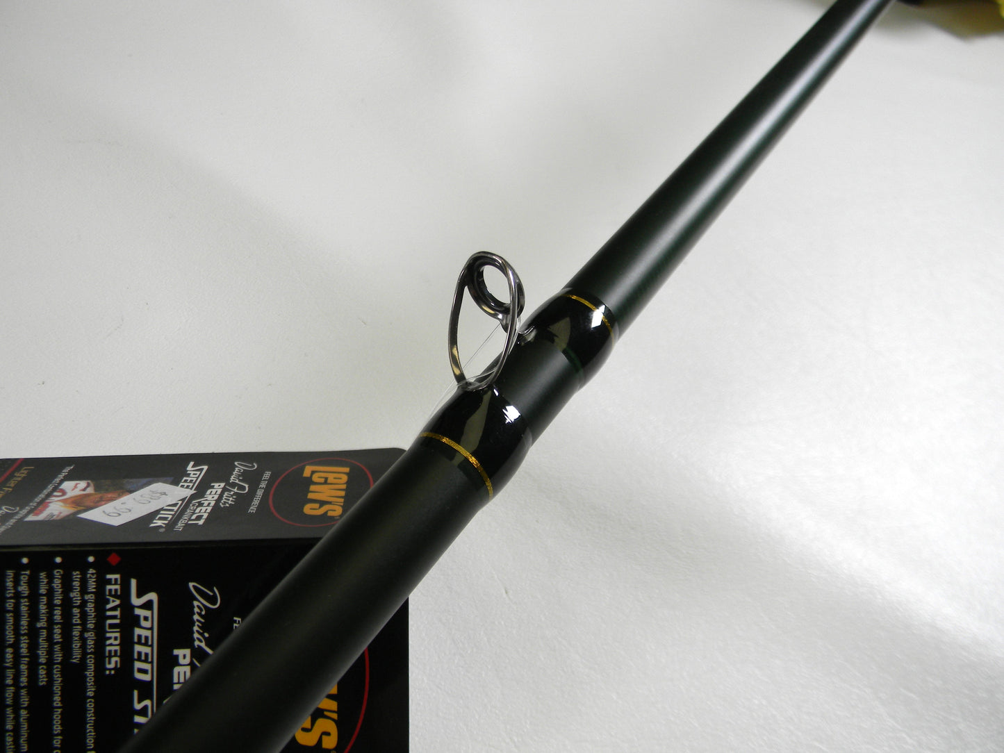 Close-up of a Lew's David Fitts Perfect Crankbait LDFP76MH black casting rod, with a silver guide loop on a white background. Partially visible label suggests history, perfect for those seeking used gear and store credit through the Rod and Reel Trade-In program. Mint condition, 7'6" medium heavy.