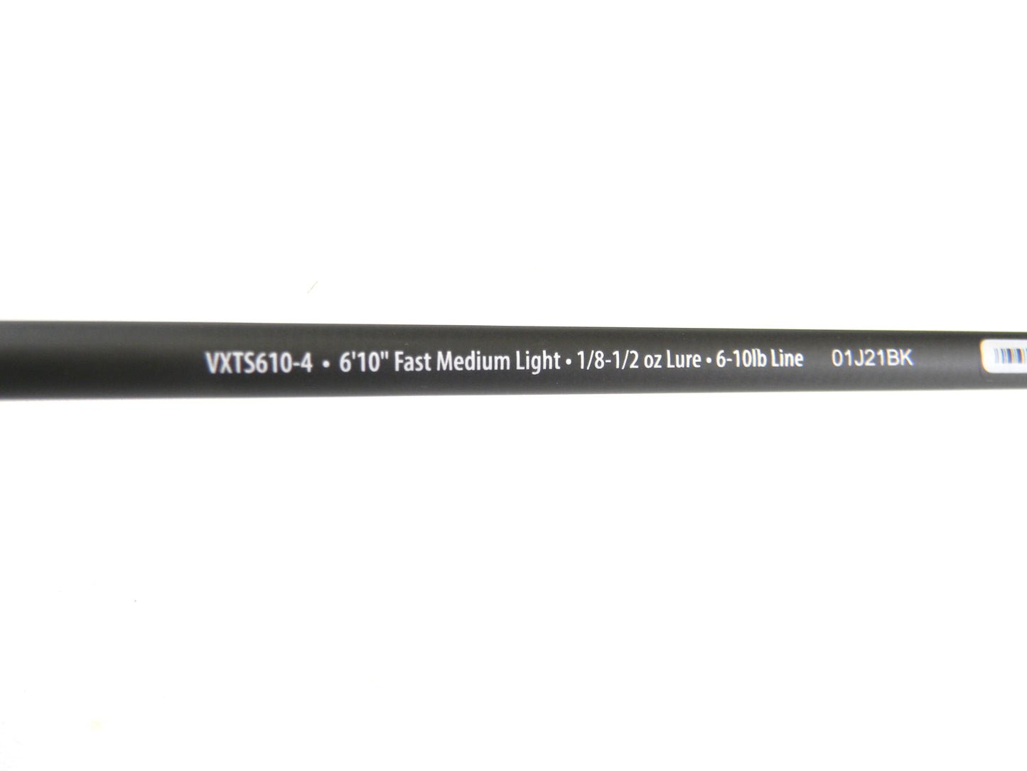 Close-up of a black Abu Garcia Veritas Tournament rod with white text: "VXTS610-4, 6'10" Fast Medium Light, 1/8-1/2 oz Lure, 6-10 lb Line, 01J21BK." Ideal for those looking to upgrade via our Rod and Reel Trade-In program.