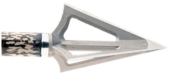 A close-up of the G5 Outdoors G5 Broadheads Montec 125gr 3-Blades shows its triangular, razor-edged tip and camouflage shaft. Sharp blades feature cut-outs for reduced weight. Sold as a 3-pack.