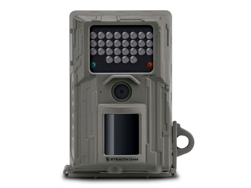 The GSM Stealth Cam E Series 7.0 7Mp Infrared Camera features a lens, motion sensor, front indicator lights, and infrared LEDs for effective outdoor wildlife or security monitoring.