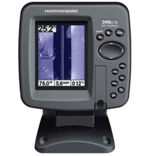 The Humminbird Fish Finder 300 Series 398Ci Si Combo H409380-1 displays water depth, temperature, speed, and sonar imaging on its digital screen with Side Imaging sonar and GPS chartplotting; multiple control buttons are around the device.