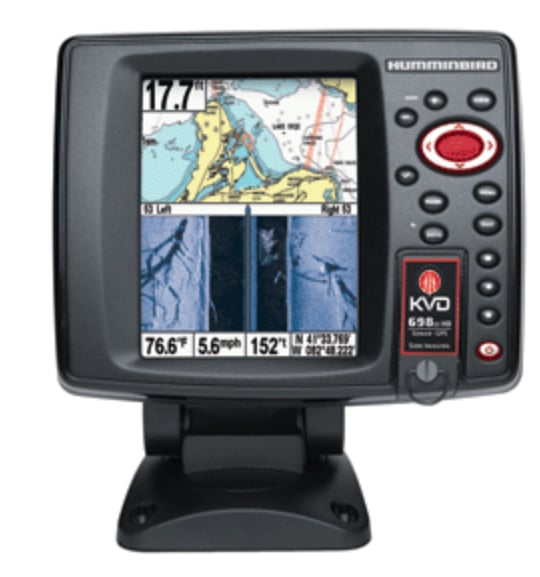 The Humminbird 600 Series 698Ci KVD Combo (H409470-1KVD) fish finder features a color display with maps, water depth, speed, Side Imaging sonar, control buttons on the right, and Kevin Van Dam's signature for trusted performance.