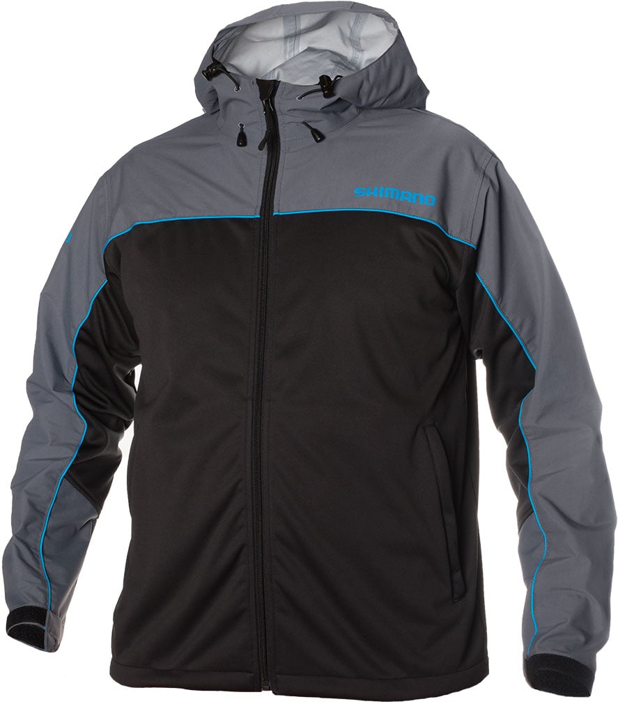 The Shimano Hybrid Jacket Black XX Large features a black body with gray sleeves and shoulders, blue trim, a front zipper, and the Shimano logo on the left chest.