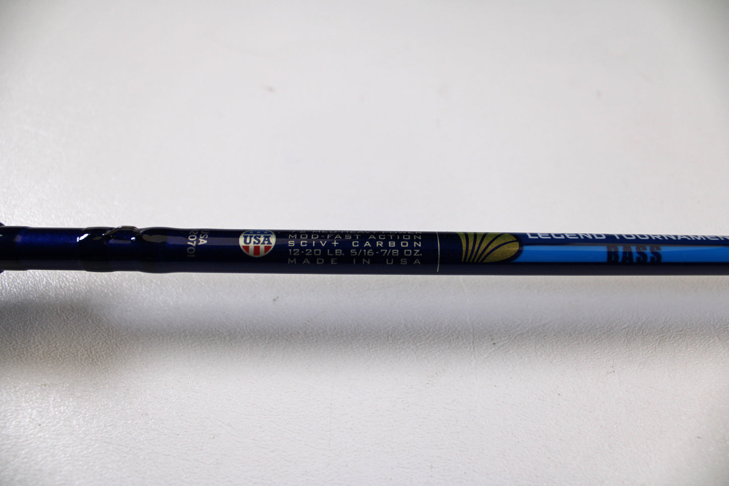 Close-up of the St. Croix Legend Tournament Bass LBTC72MHMF Finesse Carbon Cranker 7'2" Medium Heavy Used Casting Rod—excellent condition, ideal for upgrading your gear or earning store credit with our Trade-In Program.