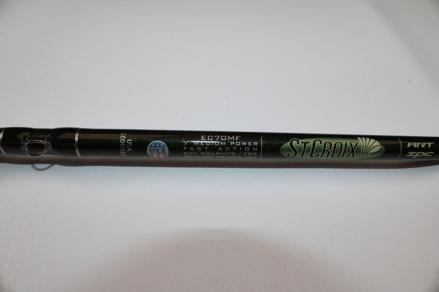 A close-up of the St. Croix Legend Elite EC70MF 7'0" Medium Casting Rod in excellent condition, featuring logo, model details, "Medium Power Fast Action," "SCV Graphite," and a "Made in USA" symbol—great for trade-in or your used gear collection.