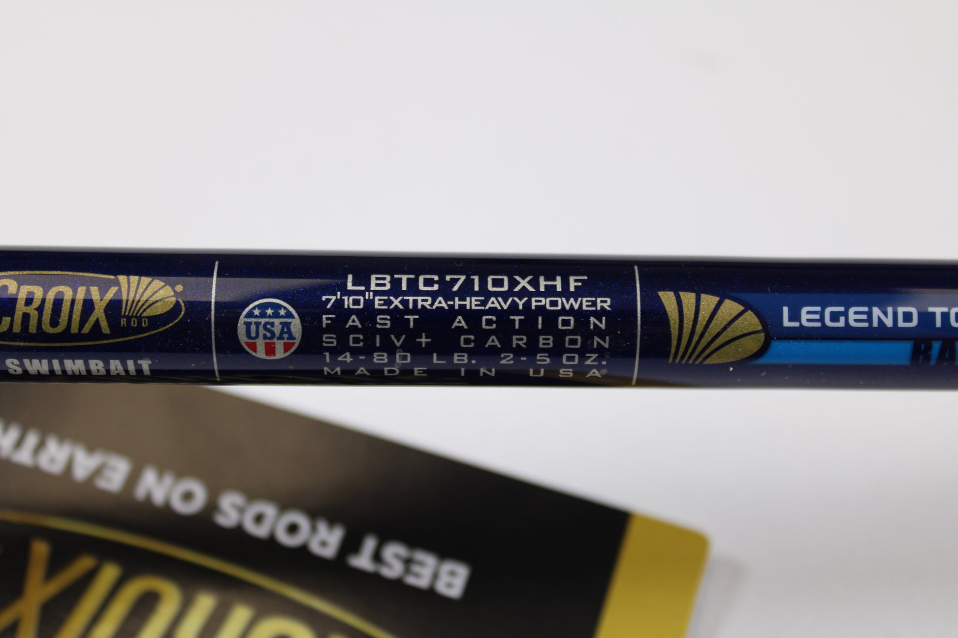 Close-up of a St. Croix Legend Tournament Bass LBTC710XHF 7'10" XH Mid Swimbait Casting Rod—mint condition and perfect for our Rod & Reel Trade-In Program! Swap your used gear for store credit today.