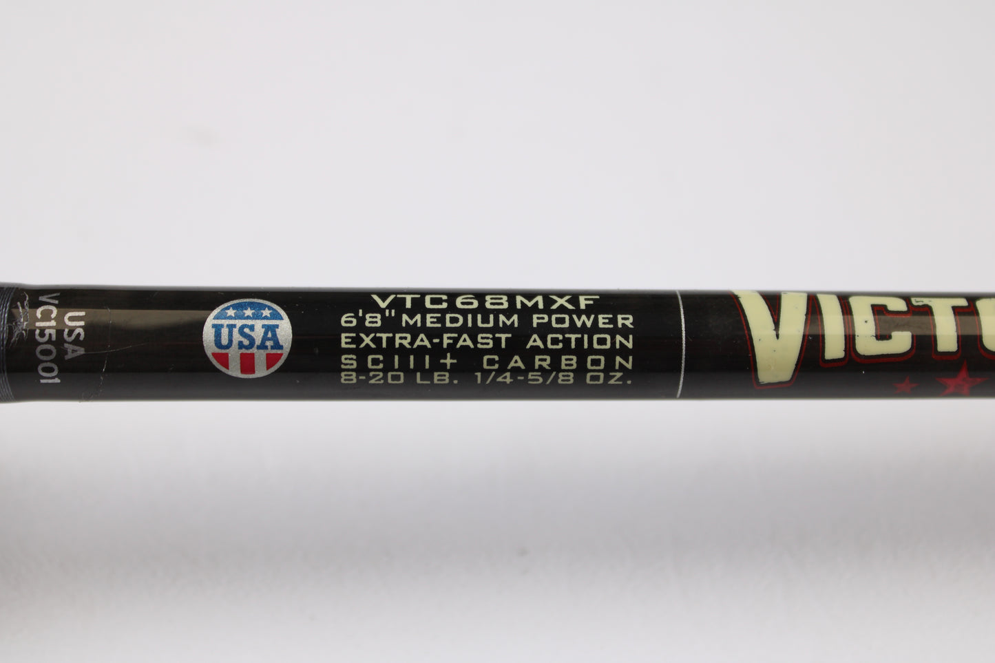 Close-up of a St. Croix Victory VTC68MXF The Jerk 6'8" Medium - Used Casting Rod (very good condition) label with specs and USA flag—perfect for our Rod and Reel Trade-In Program and store credit on used gear.