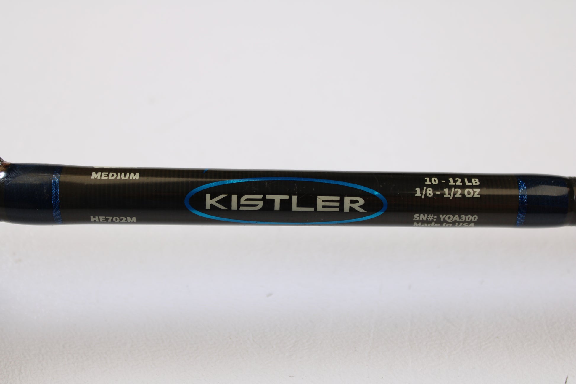 Close-up of a Kistler Helium HE702M 7'0" Medium Used Casting Rod—Very Good Condition—showing "Kistler" branding and rod specs, perfect for the Rod and Reel Trade-In or grabbing quality used gear.