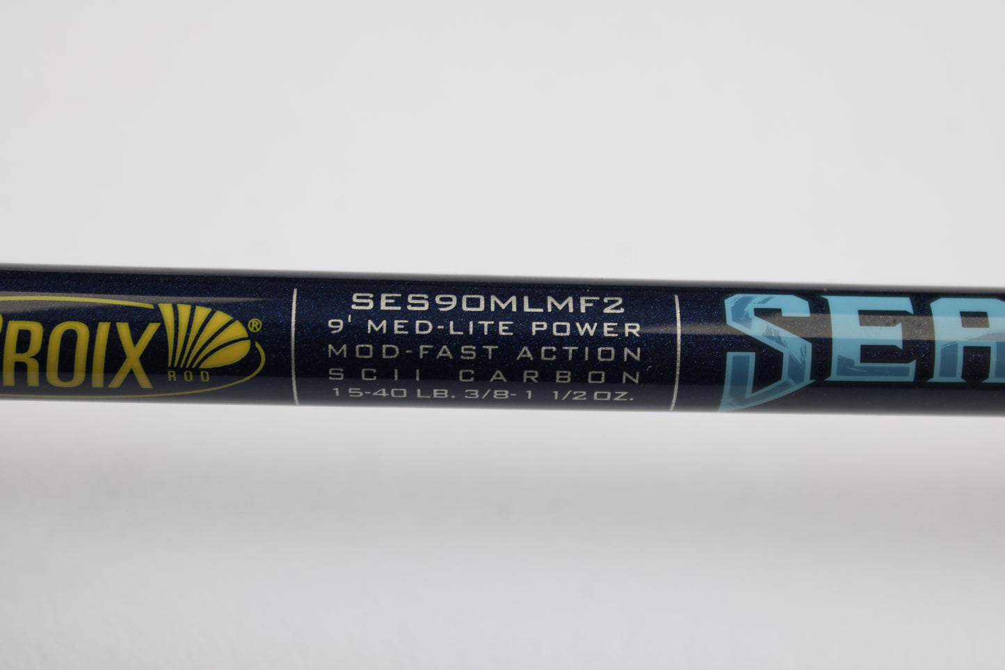 Close-up of a St. Croix Seage SES90MLMF2 9'0" Medium Light 2 Piece used spinning rod in excellent condition, showing model details—ideal for anglers trading gear for store credit in our Rod and Reel Trade-In Program. Brand logo partly visible on the left.