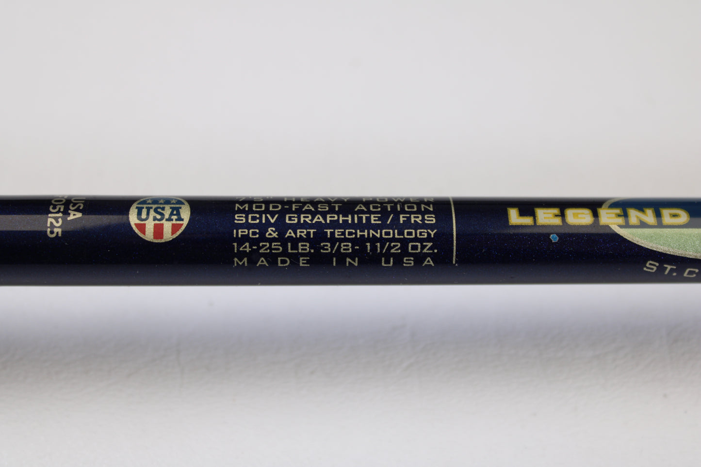 Close-up of St. Croix Legend Tournament LBC75HMF 7'5" Heavy used casting rod label with specs—SCIV graphite, MOD-FAST action, 14-25 lb line, 3/8-1.5 oz lure—ideal for your next rod trade-in or store credit offer.
