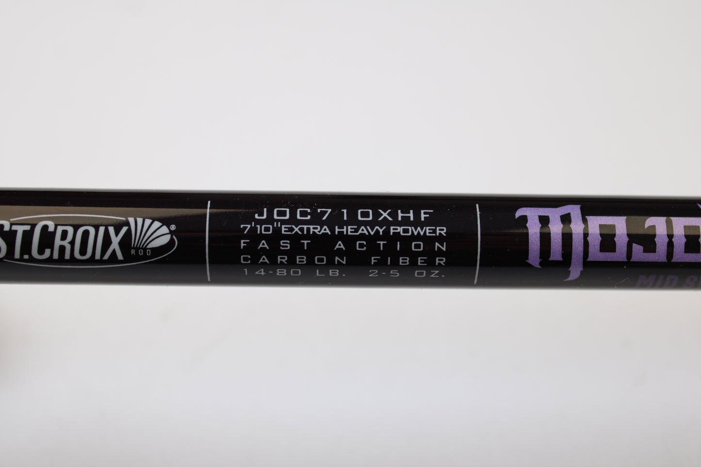 Close-up of a St. Croix Mojo Bass JOC710XHF Mid Swimbait 7'10" XH Used Casting Rod in mint condition. Trade in your used gear for store credit with our Rod and Reel Trade-In Program.