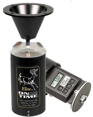 Black cylindrical On Time Game Feeder Lifetime Elite Timer Only, featuring a funnel top and detachable lower section with an LCD digital timer display panel showing numbers.
